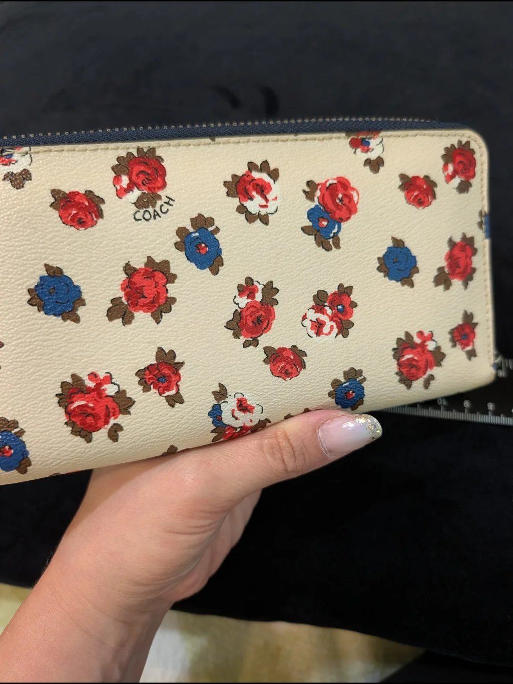 Coach Floral Zip Wallet in Cream with Red & Blue Flowers